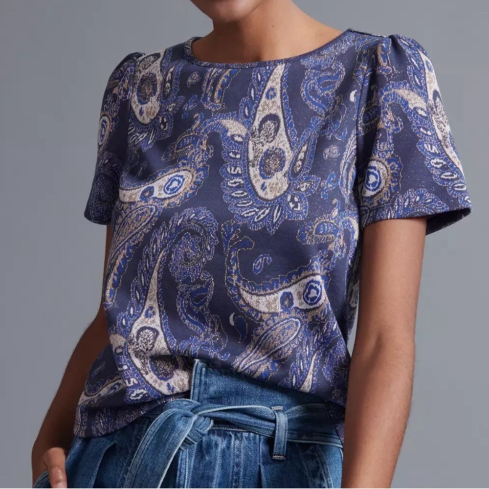 Anthropologie Blue Metallic Paisley Brocade Top Small Shimmer Short Sleeve